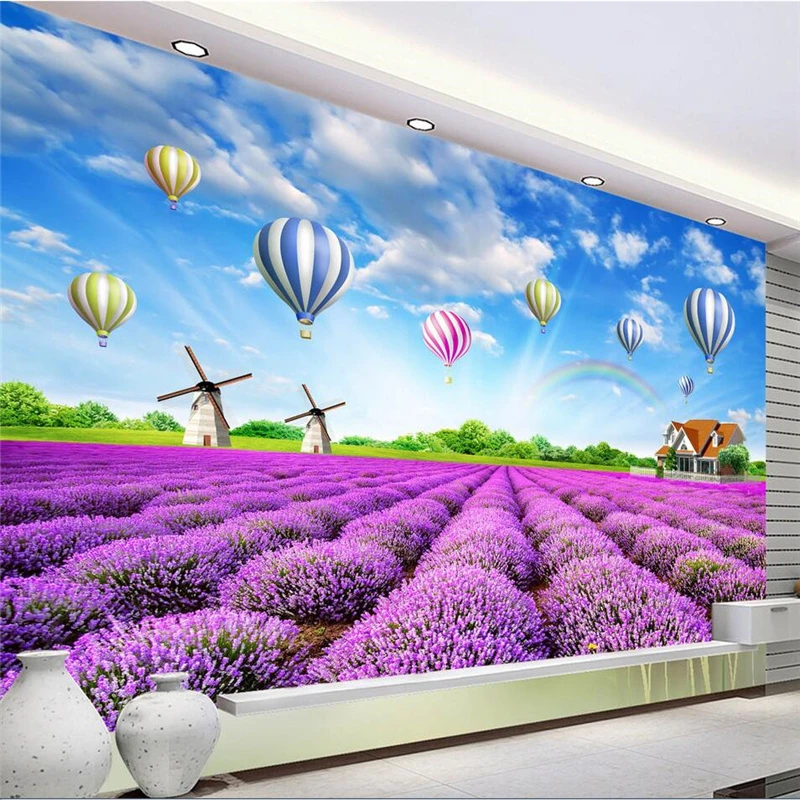 wellyu  papier peint  wallpaper for walls 3 d Custom wallpaper Charming lavender pastoral natural scenery hot air balloon TV