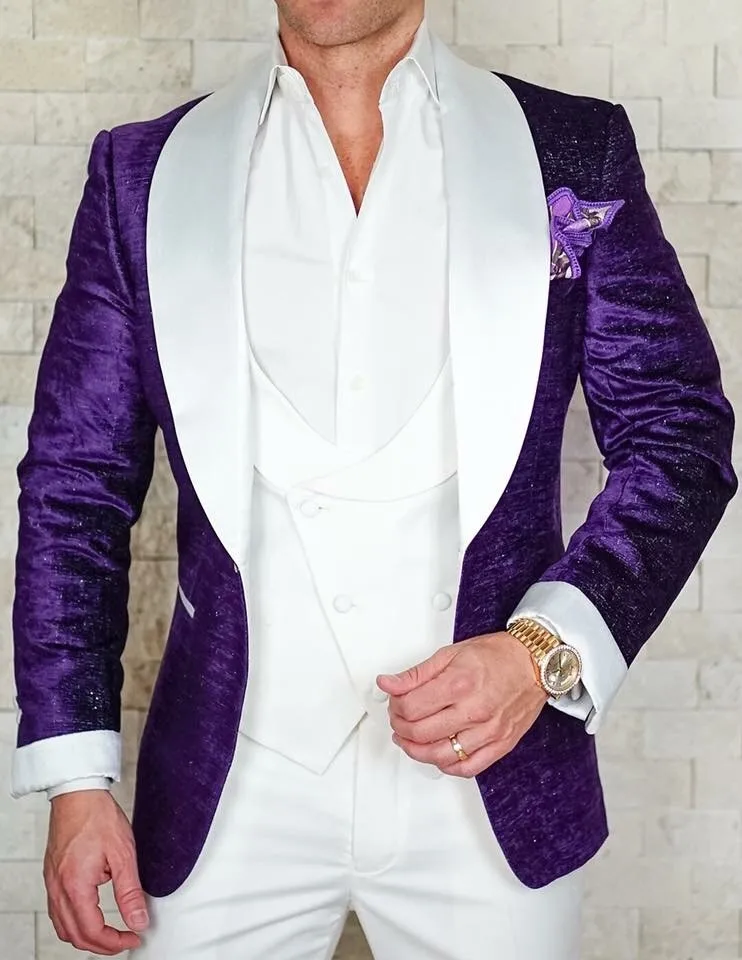 

High Quality One Button Purple Groom Tuxedos Shawl Lapel Groomsmen Mens Wedding Prom Suits (Jacket+Pants+Vest+Tie) NO:92