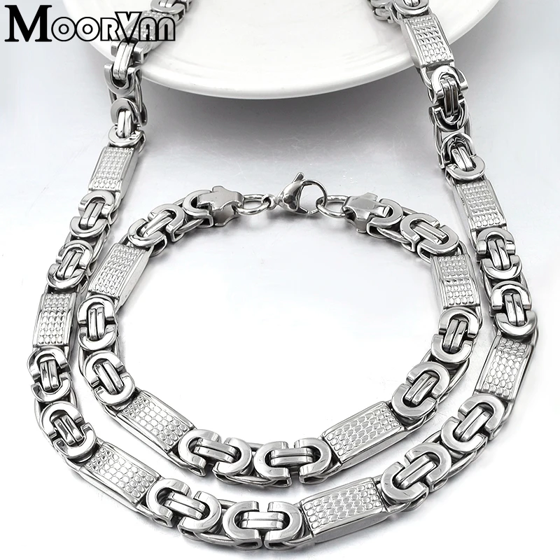 Moorvan JEWELRY SET FOR MEN GIFT 2022 COOL Silver Color CHAIN LINK NECKLACE SET BRACELET MAN FASHION STYLE,Square Shaped VJS002