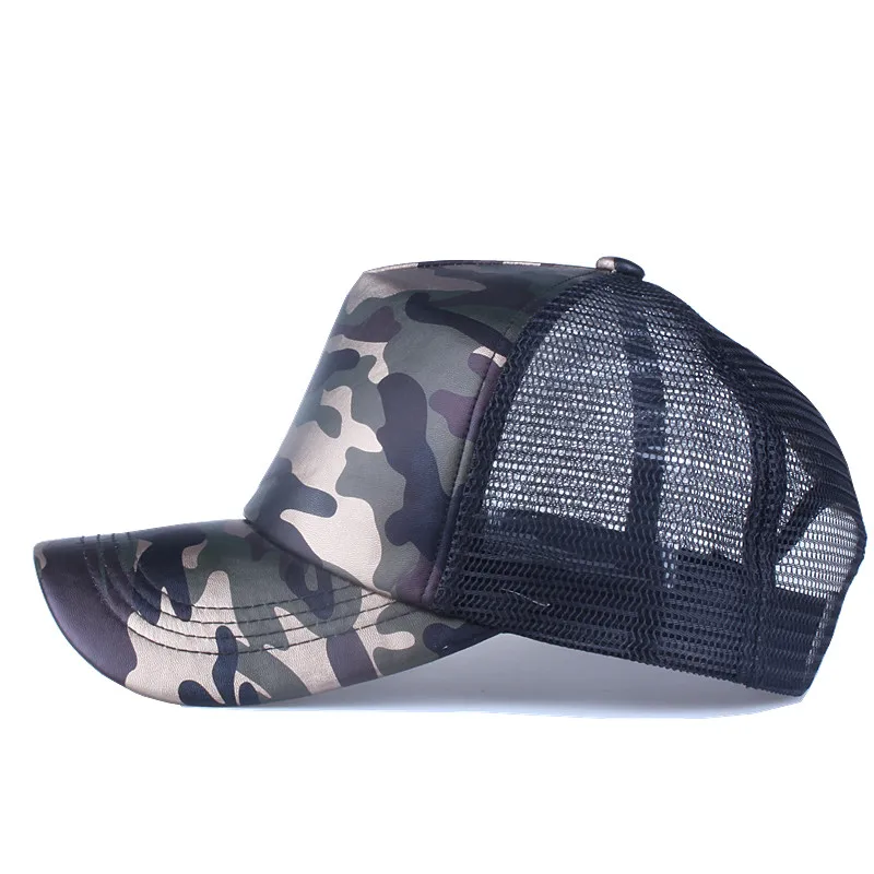 Xthree 5 Panels Summer Baseball Cap Mesh Cap Faux Leather Camouflage Snapback Hat Men Hip Hop Casquettes Hats for Women Bone