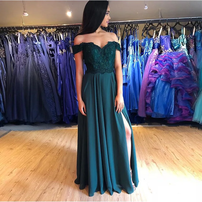 Dark Green Off The Shoulder Sexy Chiffon Prom Dresses Appliques Beaded Women Formal Party Dresses Front Split Long Prom Gowns