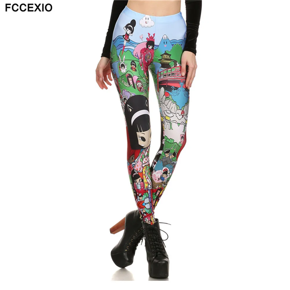 FCCEXIO High Quaily Elasticity Japanese Anime Printed Fashion Slim fit Legging Workout Trousers Casual Pants Leggings for Women