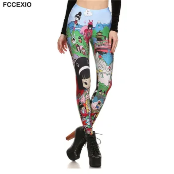 FCCEXIO High Quaily Elasticity Japanese Anime Printed Fashion Slim fit Legging Workout Trousers Casual Pants Leggings for Women
