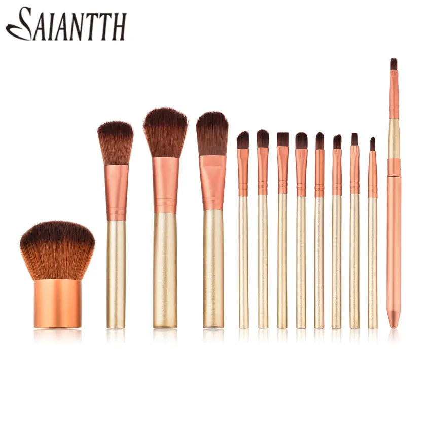 

SAIANTTH 13pcs coffee wooden handle power brush Professional makeup brushes set soft foundation blush powder eyeliner pincel kit