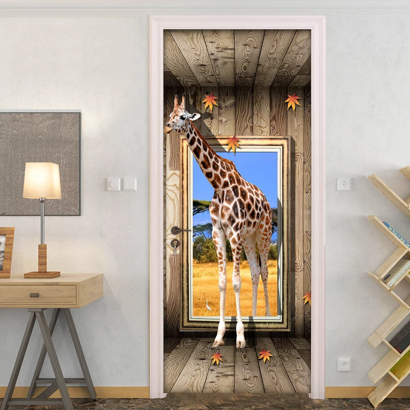 Door Stickers 3D Giraffe Animal Poster Living Room Bedroom Door Sticker Waterproof Art Wall Decals Wall Sticker Mural Wallpaper