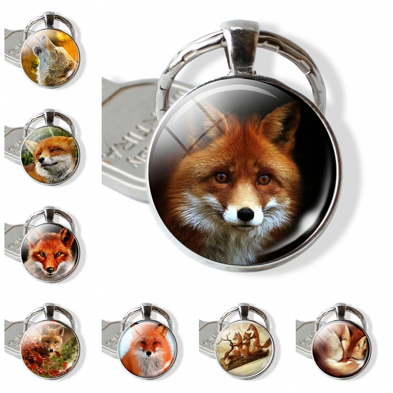 Lovely Fox Picture Glass Cabochon Keychain Animal Pendant Metal Key Rings Christmas Gifts for Kids Dropshipping