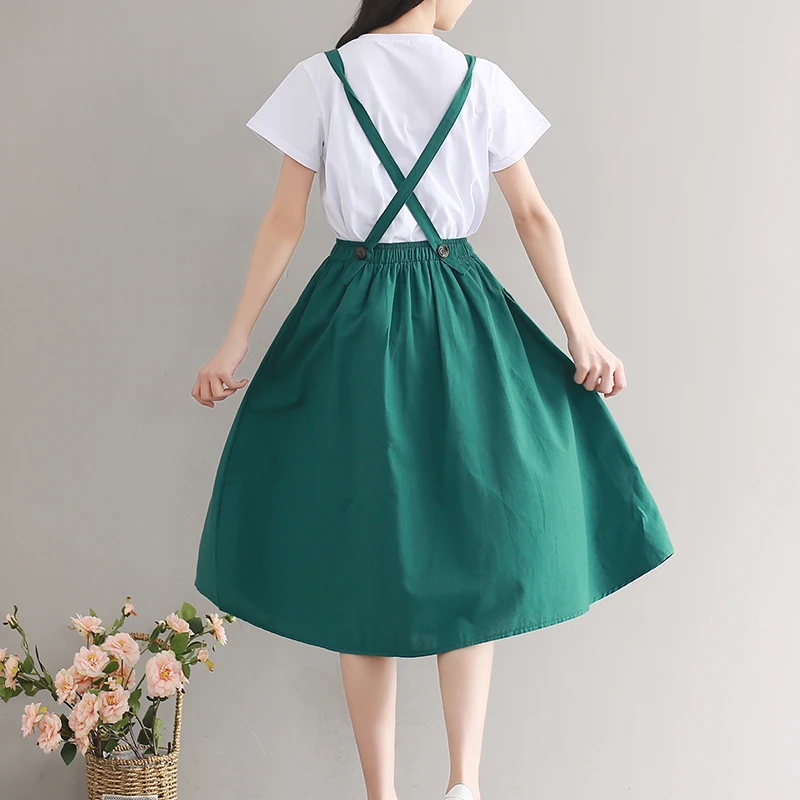 Women Linen Cotton Long Strap Skirts 2024 Girls Elastic Waist A-line Maxi Skirts Overalls Vintage Summer Skirt Faldas Saia