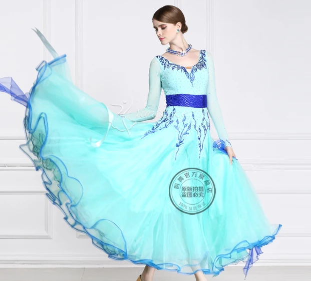 

customize rhinestone noble blue color long sleeve Fox trot Waltz tango salsa competition ballroom cha cha dance dress