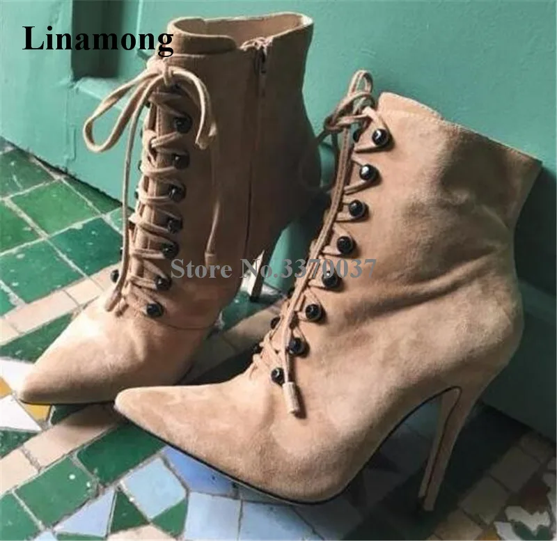 

Women Formal Style Pointed Toe Suede Leather Thin Heel Short Boots Lace-up High Heel Ankle Boots Formal Dress Shoes