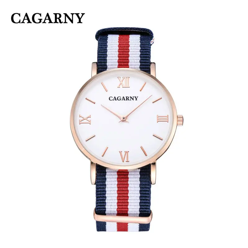 Reloj de cuarzo Cagarny a la moda, relojes informales para hombre, caja de oro rosa ultrafina para mujer, correa de reloj de nailon, relojes de