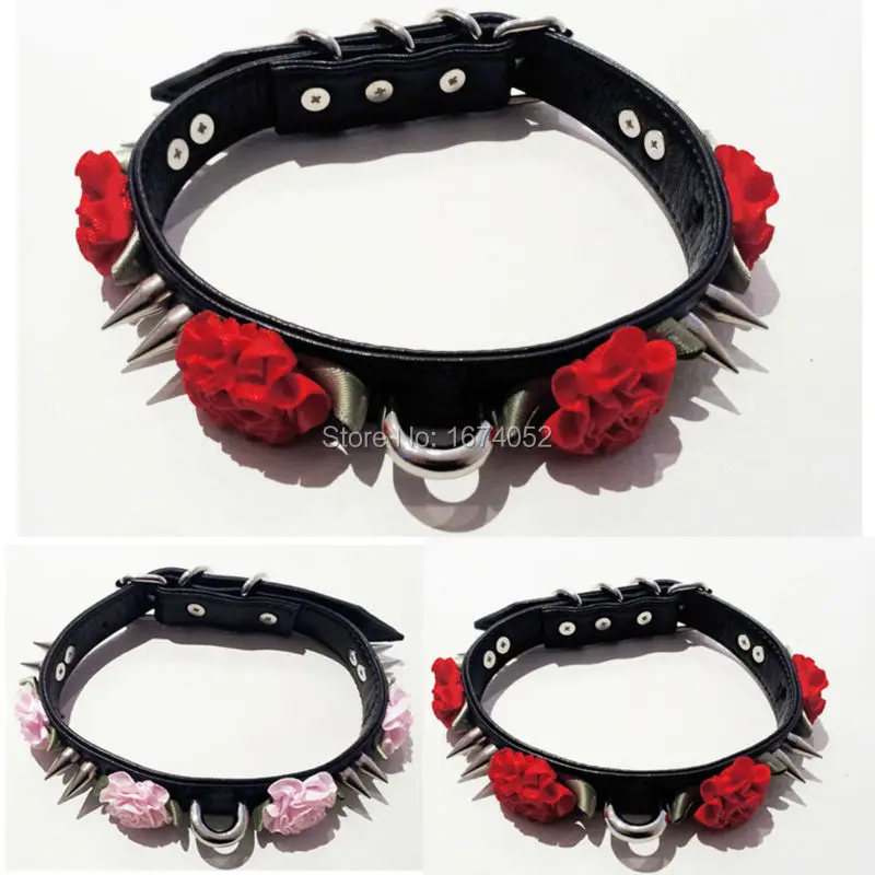 Women Fashion Leather Necklace, Double Studded Punk Goth Emo Kawaii Double Spikes Choker, Pu Leather Flower Collar Necklace