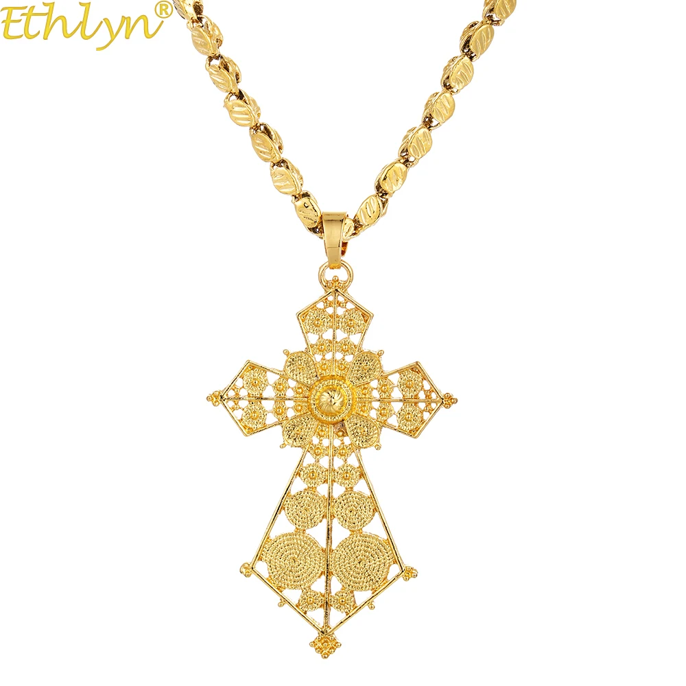 Ethlyn Gold Color Women Ethiopian Cross Pendant Necklaces  Eritrean Traditional Jewelry Accessories