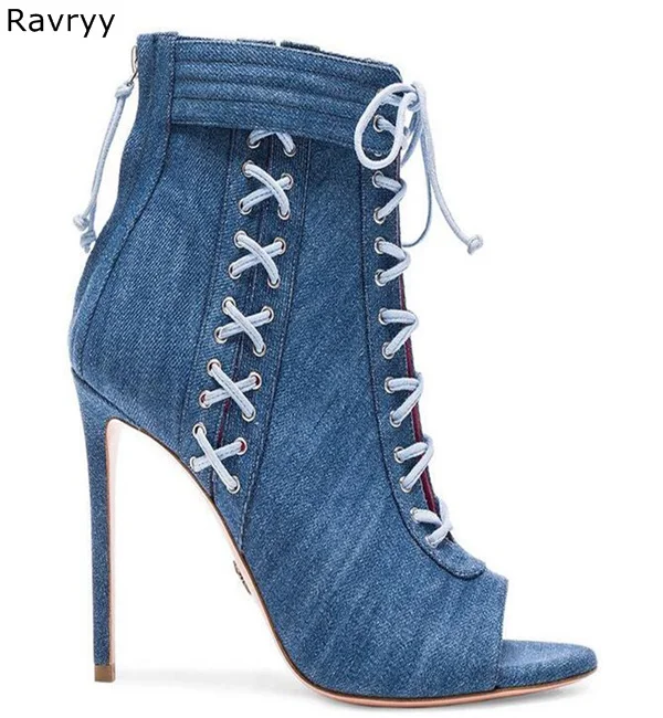 Denim Woman sandals cross-tied blue short sandal boots summer fashion thin heel high heels cover heel peep toe female shoes