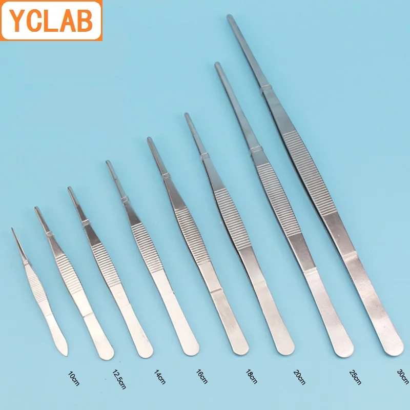 YCLAB 10cm Straight Tweezers Stainless Steel Plier Carbon Steel with Teeth Laboratory Medical Household Dressing