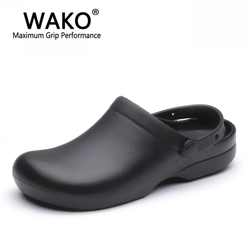 WAKO 9011 Men Chef Shoes Super Anti-slip Kitchen Work Shoes Cook Sandals Clogs with Straps Slip on Breathable Black Size 36-44