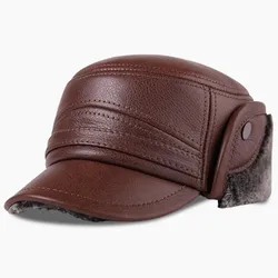 XdanqinX Winter Men's Cap Genuine Leather Hat Plus Velvet Thick Warm Baseball Cap With Earmuffs Cowhide Leather Warm Hat For Men