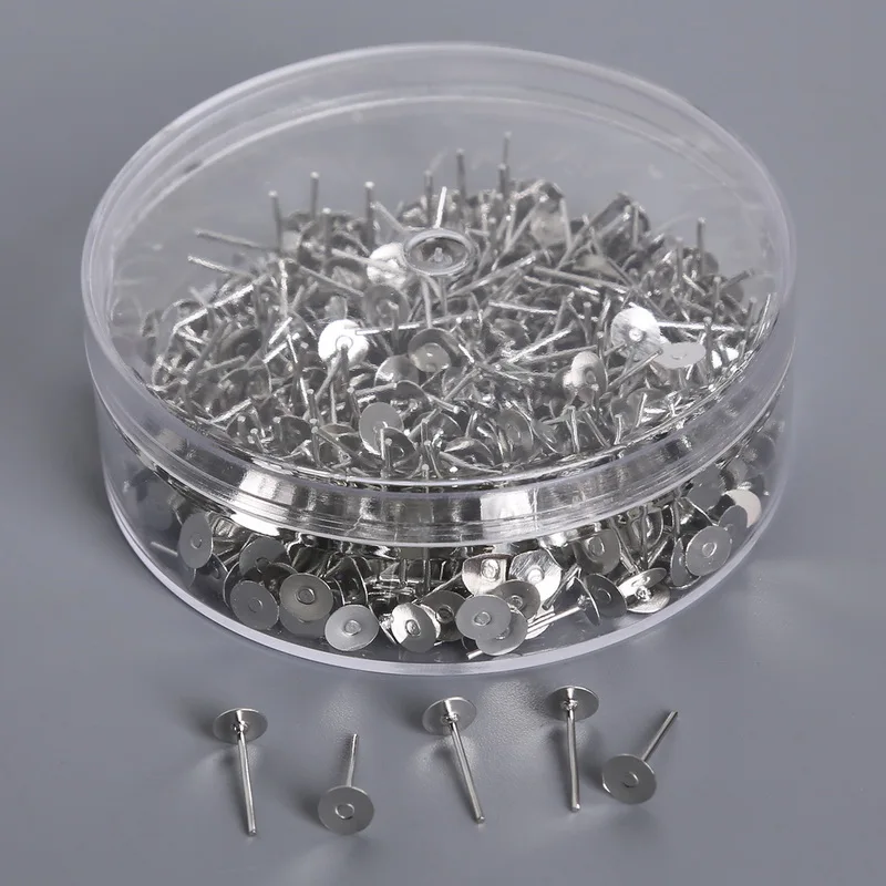 

13x5mmJewelry Rhodium Metal Earring Posts Studs Findings Ear Nail Pins Diy Flat Base Pad Scroll Setting (Contain Box)