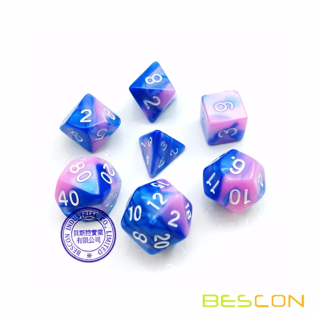 Bescon Mini Gemini Two Tone Polyhedral RPG Dice Set 10MM, Small Mini RPG Role Playing Game Dice D4-D20 in Tube,Color of Myosotis