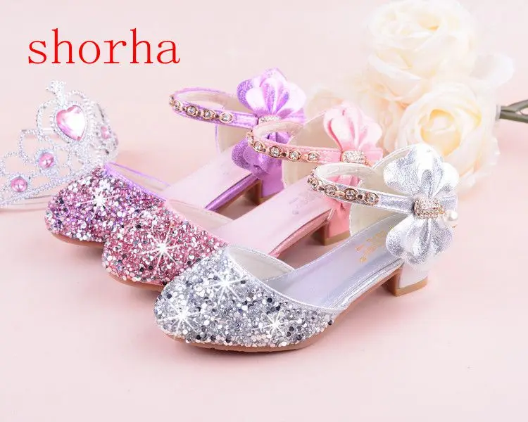 New Children Princess Beading Sandals Kids Flower Wedding Shoes High Heels Dress Shoes Party Shoes for Girls Pink Silver purple