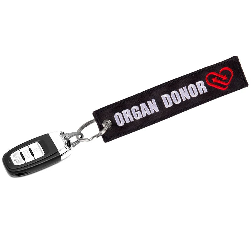 Fashion Keychain Organ Donor Keychains Holder for Motorcycles REMOVE BEFORE FLIGHT Key Fobs Organ Donor Embroidery KeyRing Chain