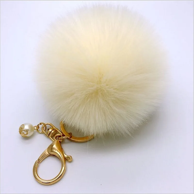 Cute Girls Fluffy Pompon Rabbit Fur Ball Pom Pom Keychain Pearl Charms Pompon Key Chain On Bag Car Trinket Jewelry Party Gift