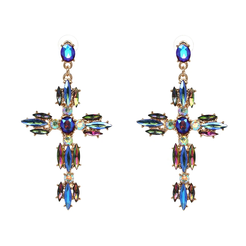 JURAN Vintage Rhinestone Cross Earrings For Women Fashion Baroque Drop Earrings Bohemian Large Long Earrings Jewelry Brinco 2019