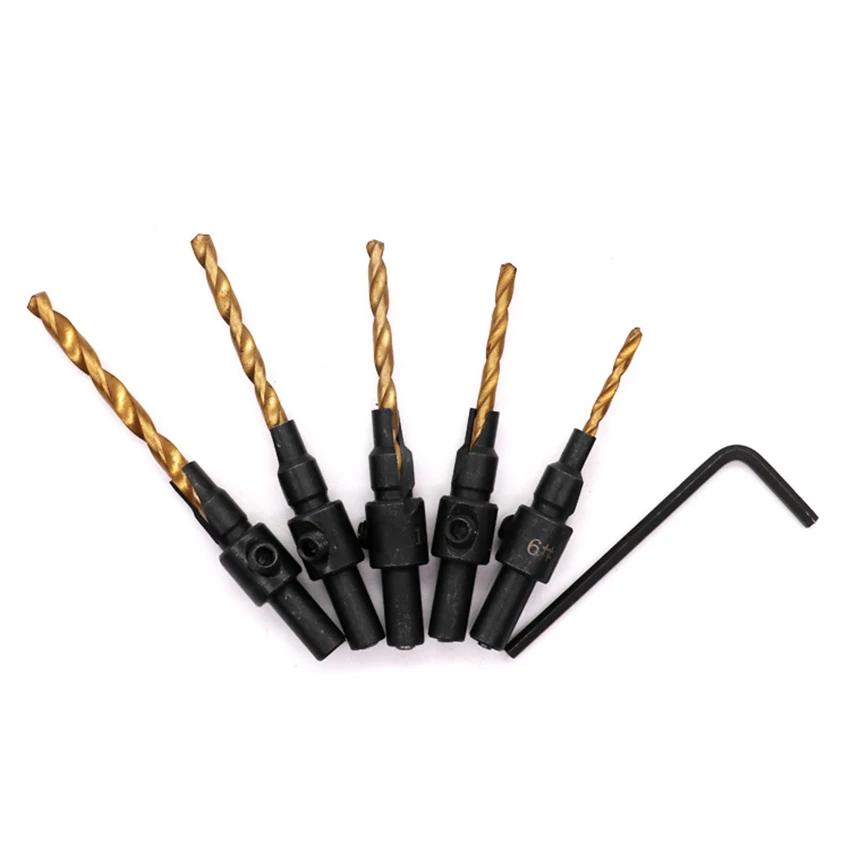 5 pces/4 pces conjunto bancada broca carpintaria broca 5 #6 #8 #10 #12 #14 # hex shank, furo piloto de perfuração de haste redonda para parafuso