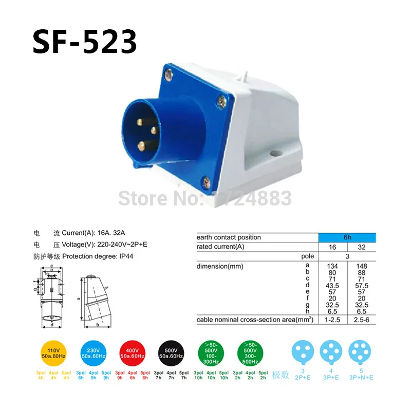 32A 3 pole connector Industrial male&female sockets SF-123/SF-323/SF-423/SF-523/SF-623/SF-123L waterproof IP44 220-240V~2P+E