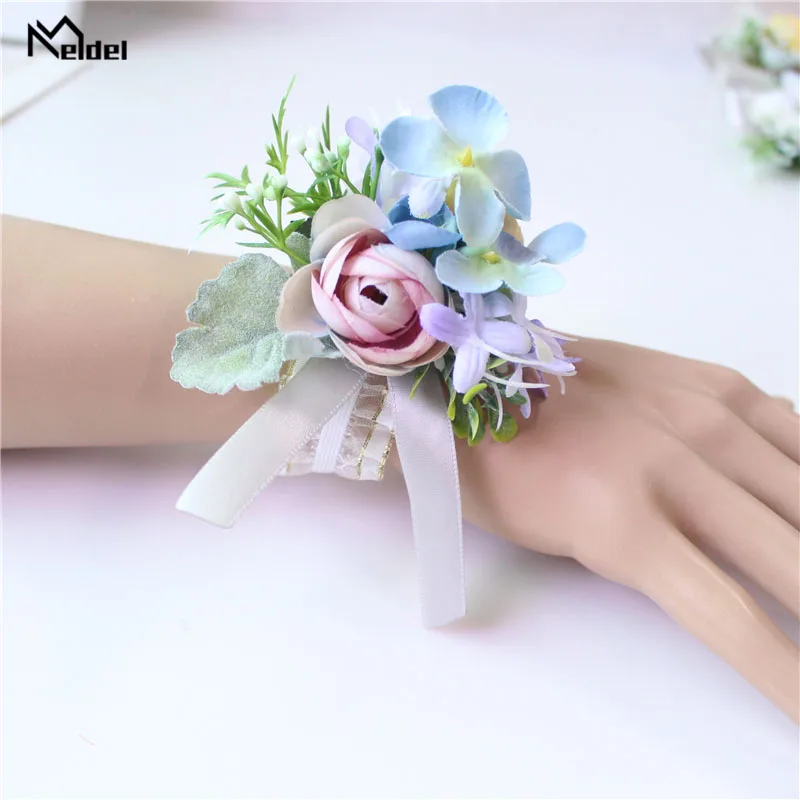 Meldel stanik mężczyźni Boutonniere Pin Bridal Wrist Corsages burgundii druhna różowy bransoletka Groom Prom ślub kwiat akcesoria