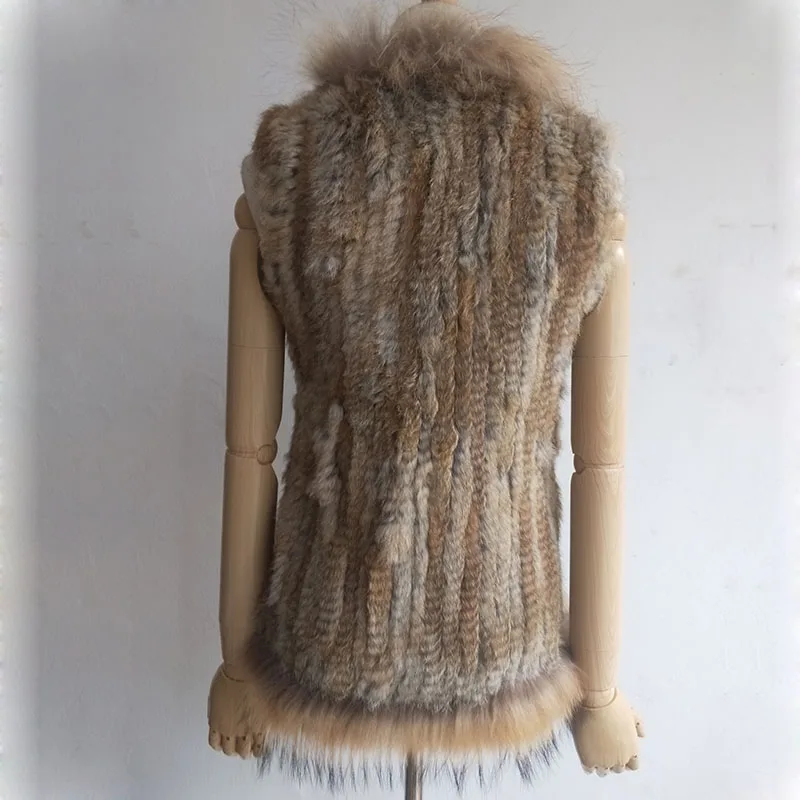 2024 Winter Spring Knitted Real Fur Vest With Real Raccoon Fur Trim Fashion Women Rabbit Fur Vests Ladies Genuine Fur Gilets