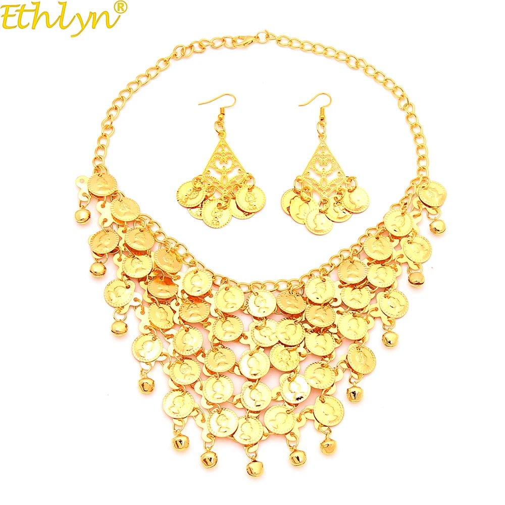 Ethlyn Belly Dance Jewelry / Belly Dance Necklace / Belly Dance Earrings Gold Color Indian Style Jewelry Sets S319