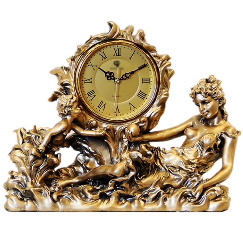 European Fashion Home Decor Golden Antique Watch Resin Table Clock Goddess & Angels Figurine Quartz Mute Geometric 6