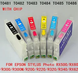 T0481- T0486 Cartuccia d'inchiostro ricaricabile per EPSON STYLUS Photo RX500/RX600/R300/R300M/R200/R220/R320/R340/RX620 Chip di ripristino automatico