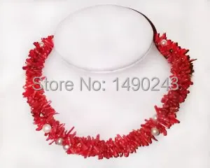 3 rows 18 inches 3-8mm White Pearls & Red Natural Branch Shaped Coral Necklace