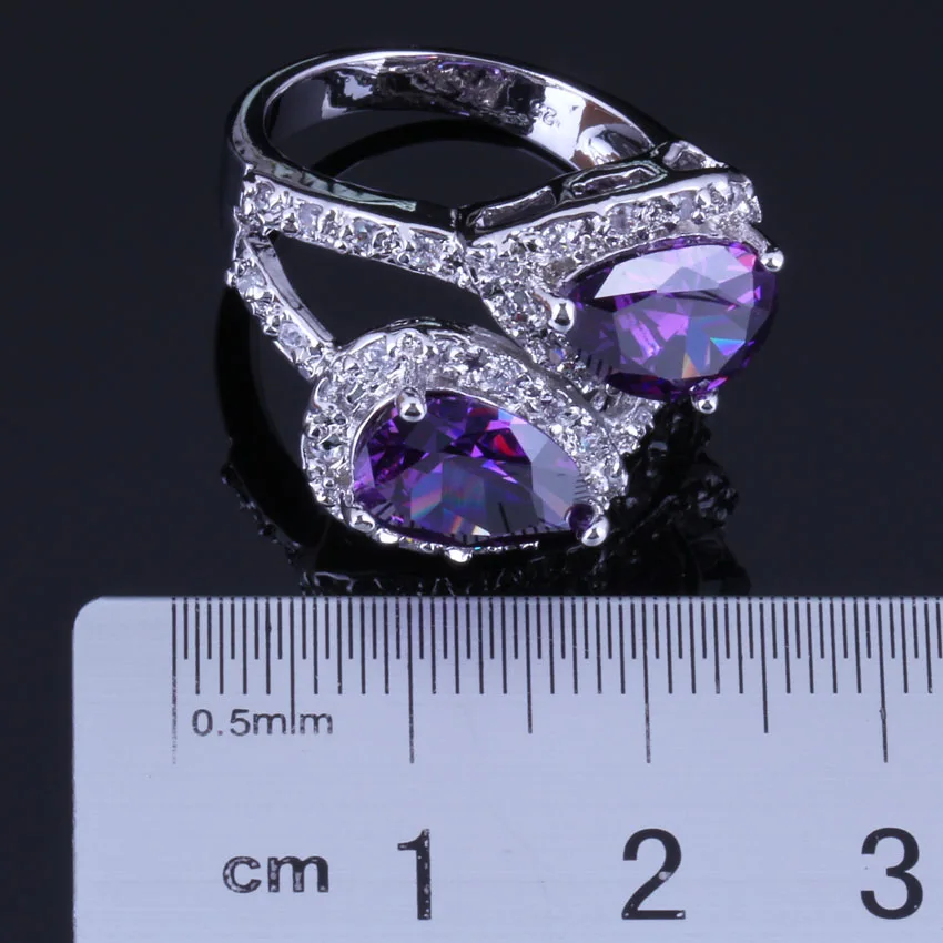 Fabulous Pear Purple Cubic Zirconia White CZ Silver Plated Ring V0471