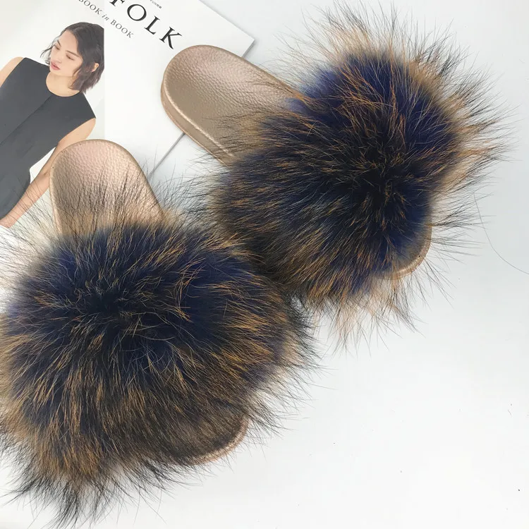 2019 real Red Raccoon Fur Sandals Women Slides Fox Hair Flat Fluffy Fashion Home Summer Big Size Natural Furry Flip Flops Shoes