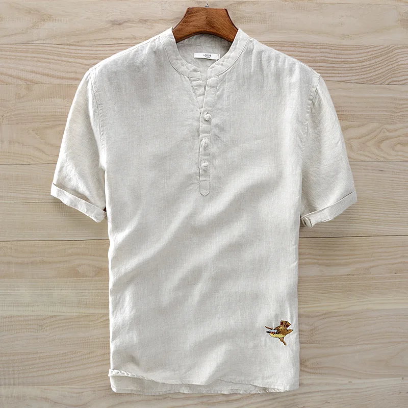 

100% Linen embroidery brand shirt men summer short sleeve flax men shirts stand collar fashion shirt for men casual chemise