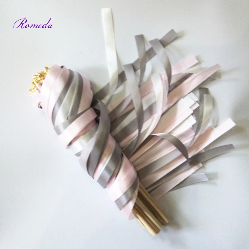 New Design 50pcs/lot Grey Pink White wedding ribbon stick with gold bell for wedding decoration