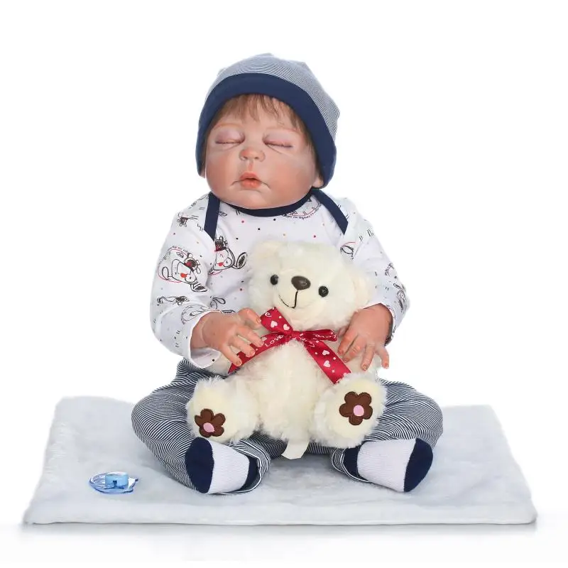 57cm lifelike Full Body Silicone Reborns boy Sleeping Dolls with bear plush toy 22 Inch Baby Bath Toys for Girls Gift Brinquedos