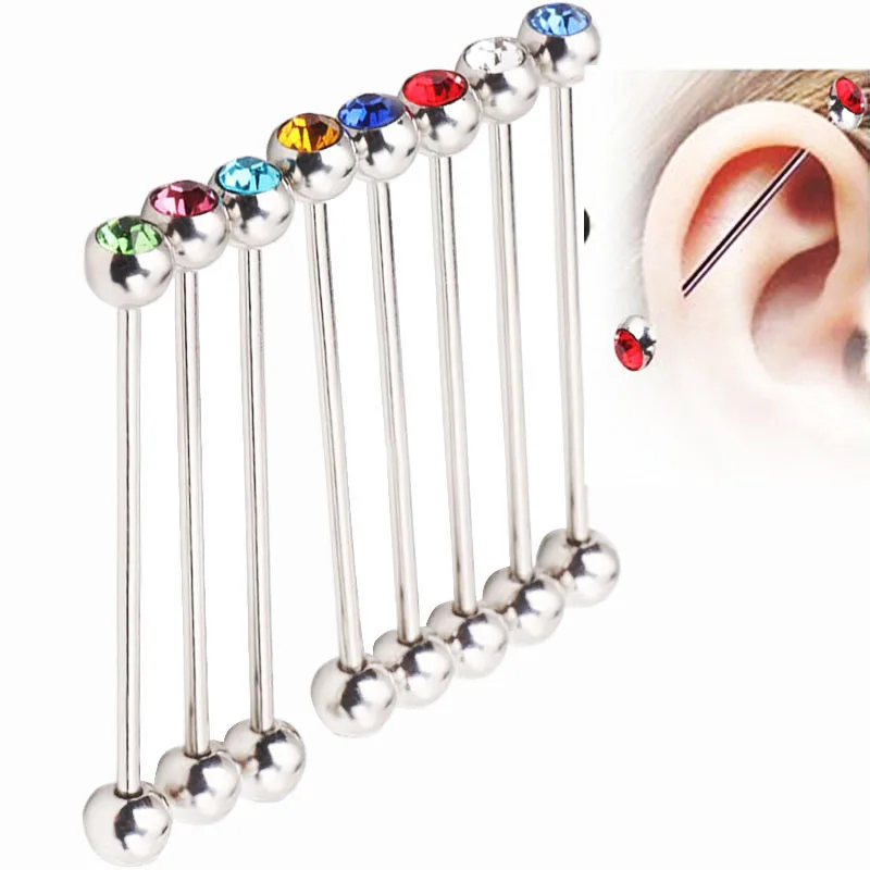 TIANCIFBYJS 100PCS 10 Colors Industrial Barbell Earring Wholesale Body Jewelry Stainless Steel 14g Helix CZ Cartilage Piercing