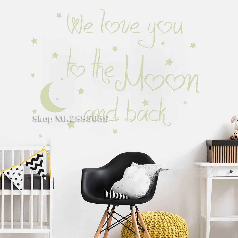 Art Lovely Baby Nursery Wall Decal Quote We Love You To The Moon And Back Wall Decals Moon Sticker Home Decor Modern Mural LA757 image 3
