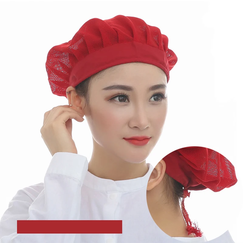 Chapeau de chef en maille respirante pour hommes et femmes, casquettes alimentaires rouges, casquettes en filet réglables, bonnet hygiénique anti-poussière, chapeau de cantine d'atelier