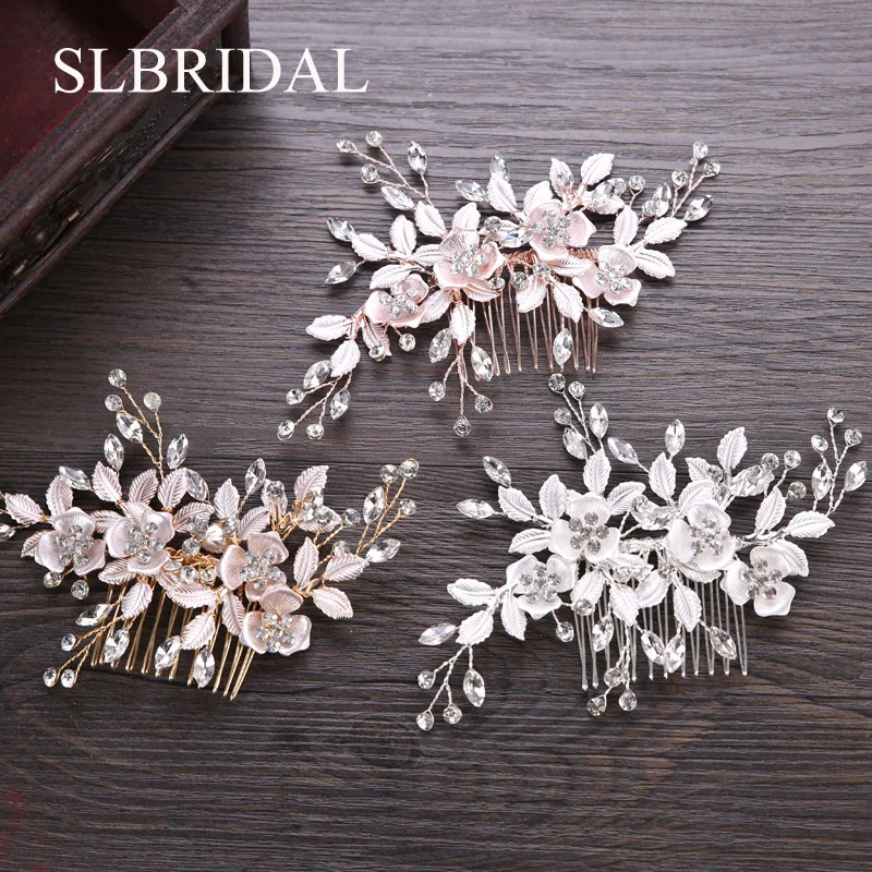 Slnupcial de strass para casamento, joia feminina com flores e folhas para casamento, pente para cabelo, acessórios para madrinhas