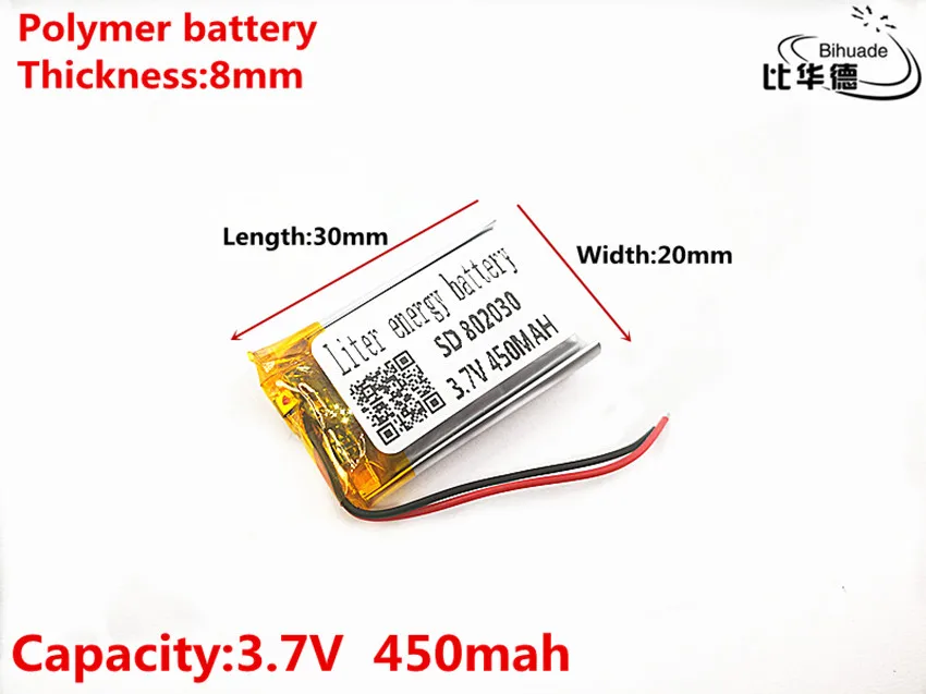 5pcs Good Qulity 3.7V,450mAH,802030 Polymer lithium ion / Li-ion battery for TOY,POWER BANK,GPS,mp3,mp4