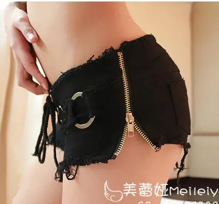 Sexy Jeans Shorts Vintage Jeans Hot Shorts Zipper Open Micro mini Bikini Denim Shorts  Drawstring Low Rise Culb Dance Wear 33