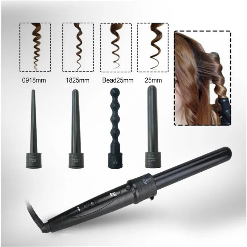 

4p Electric Ionic Fine Hair Curling Iron Wand Ceramic Barrel Curler Big Wave Tool Style Bead Spiral Salon Roller Wavy Hairstyle