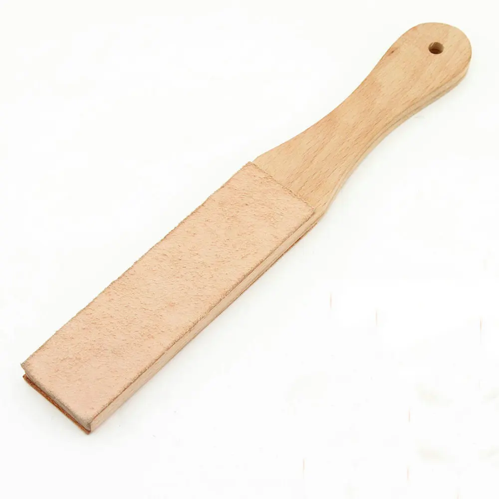 Wood Handle Leather Sharpening Strop Tool Double Sided Includes Polish Compound for Shaving Razors Knives Leather Cutting Tools