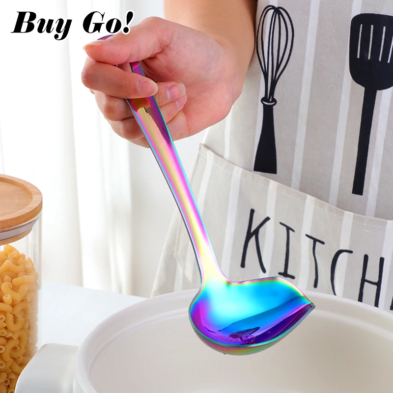 1PC Colorful 18/10 Stainless Steel Sauce Drizzle Spoon with Spout Small Soup Ladle Serving Spoon Creative Oil Spoon Kitchen Tool