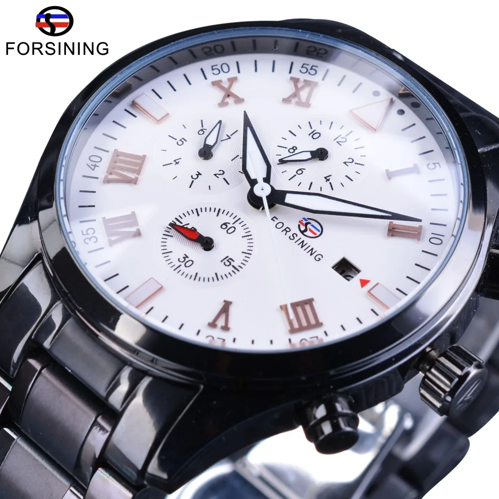 Forsining Black Steel Luminous Hands Maltifunction Navigator Series Military Wrist Watch Mens Automatic Watches Top Brand Luxury