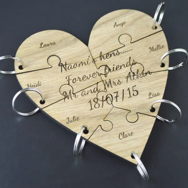 Personalised Jigsaw Heart Keyring Set - Hen Party Bridesmaid Gift Lot